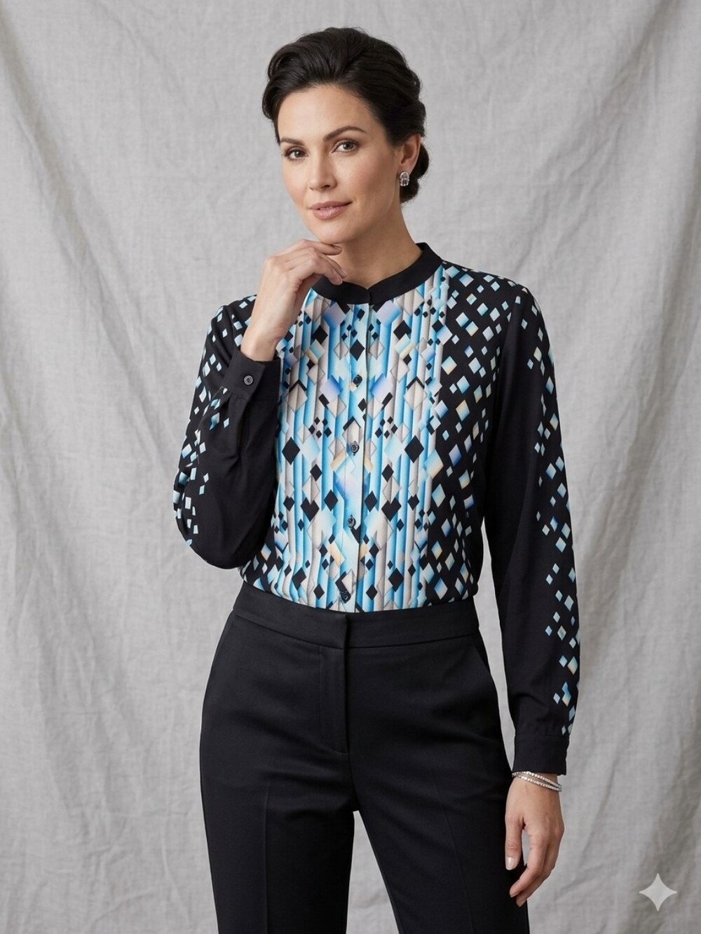 Vintage Bob Mackie Wearable Art Geometric Diamond Button Down Blouse